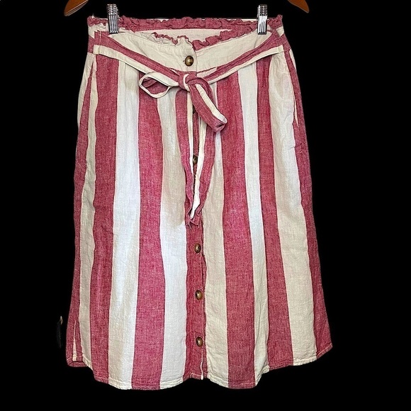 A New Approach Paperbag skirt Button Front Boho linen striped red white - Picture 1 of 11